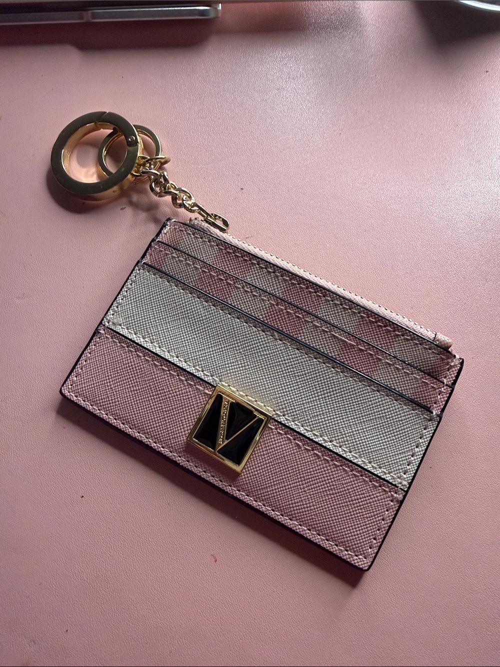 Victoria's Secret Pink and Cream Striped Card Holder with Gold Keyring